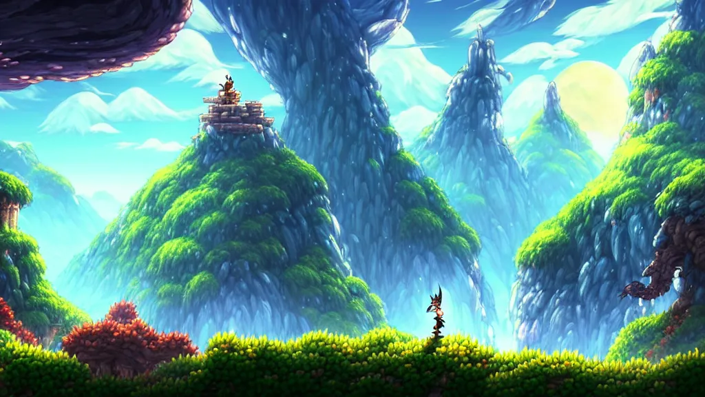 Image similar to side scrolling landscape sotn, studio ghibli, pixar and disney animation, sharp, rendered in unreal engine 5, highly detailed, digital painting, artstation, terraria, hollow knight, smooth, sharp focus, illustration, wide angle, wallpaper, splash art, promo art, dramatic lighting, art by artgerm and greg rutkowski and bo chen and jin xiaodi