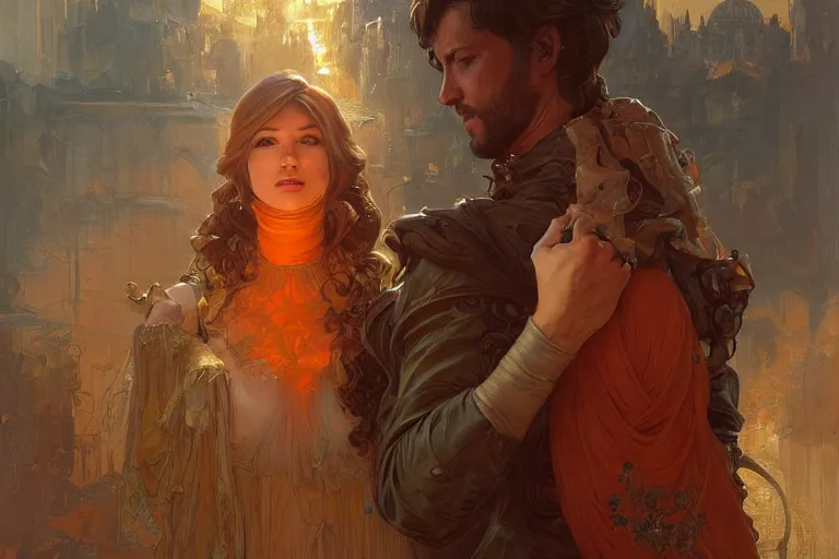 Image similar to portrait of tinfoil hat man in orange t - shirt behind his wife, feelings, romantic, fantasy, intricate, elegant, highly detailed, digital painting, artstation, concept art, smooth, sharp focus, illustration, art by artgerm and greg rutkowski and alphonse mucha