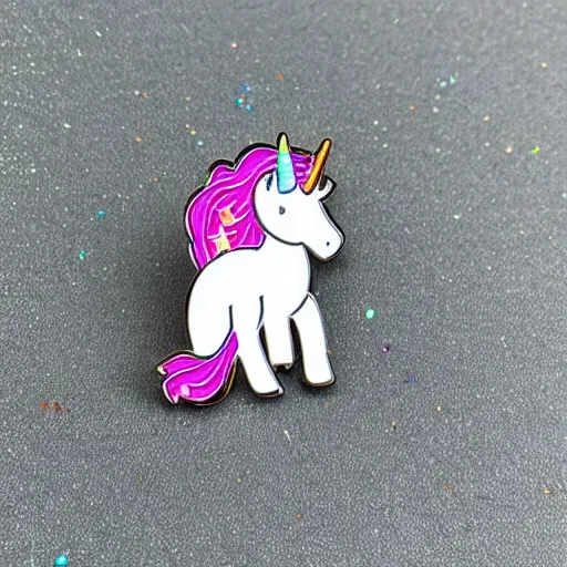 Image similar to glitter enamel pin of a white unicorn with rainbow mane, product photography