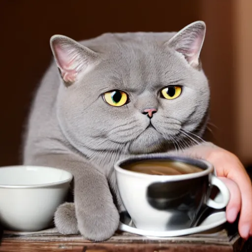 Prompt: photo british shorthair cat with cup of coffee