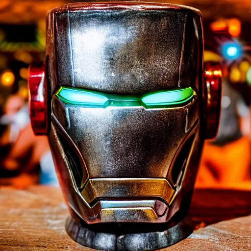 Image similar to a closeup photorealistic photograph of an iron man style tiki mug at a trader vic's beach bar featuring the face of iron man. tiki party. bright scene. fine detail. this 4 k hd image is trending on artstation, featured on behance, well - rendered, extra crisp, features intricate detail, epic composition and the style of unreal engine.