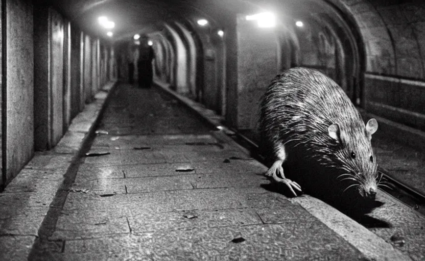 Image similar to very large giant mutant zombie rat infected by radiation sraying in tonnel of moscow subway. extreme high detail. low dark light, scary atmosphere.