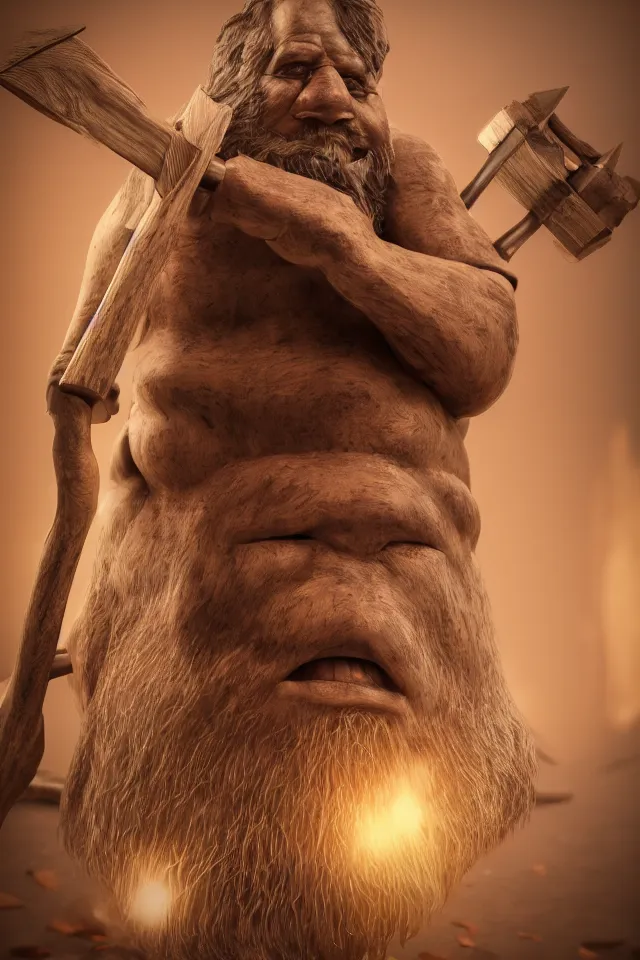 Image similar to photorealist detailled beautiful octane render portrait of a heavy wooden creature made of wood holding a shiny metallic axe, bokeh, soft focus, f 1. 8, unreal engine, particles, raytracing