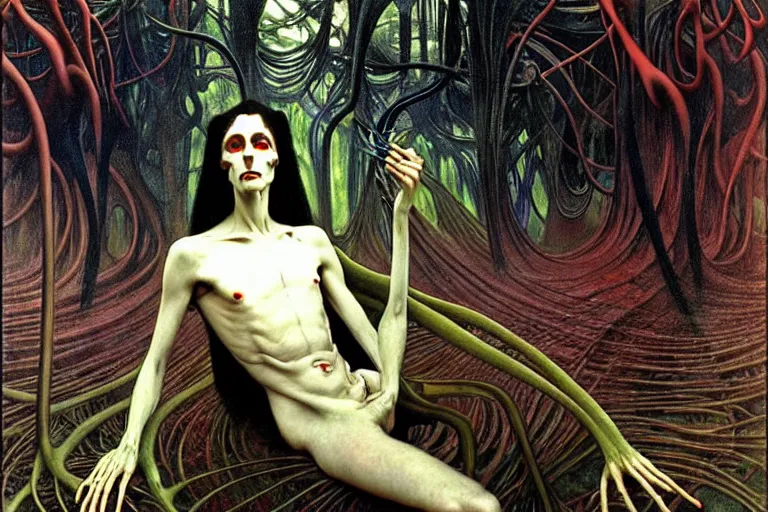 Image similar to realistic extremely detailed portrait painting of an elegantly creepy vampire man dressed as dracula, futuristic sci-fi forest on background by Jean Delville, Amano, Caravaggio, Yves Tanguy, Alphonse Mucha, Ernst Haeckel, Edward Robert Hughes, Roger Dean, rich moody colours