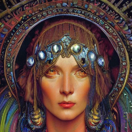 Image similar to baroque portrait of an art deco shaman, reflective detailed textures, highly detailed fantasy science fiction painting by annie swynnerton and jean delville and moebius, norman rockwell and frank frazetta. rich colors, high contrast. artstation