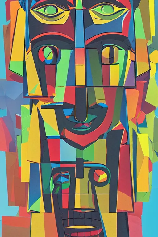 Image similar to cubist moai statue cutout digital illustration cartoon colorful beeple