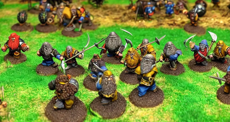 Image similar to Dwarves and giants battling on a vast field over gold and iron