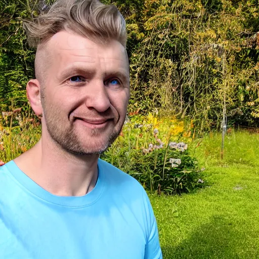 Image similar to photographic portrait of a polish man, 37 years old, short blonde hair in loose curls, small blue eyes, very pale white skin, medium blond stubble, wearing a maroon tight t-shirt and blue jeans, an earring on left ear, thin lips, smirking, posing in a garden, under bright sunlight