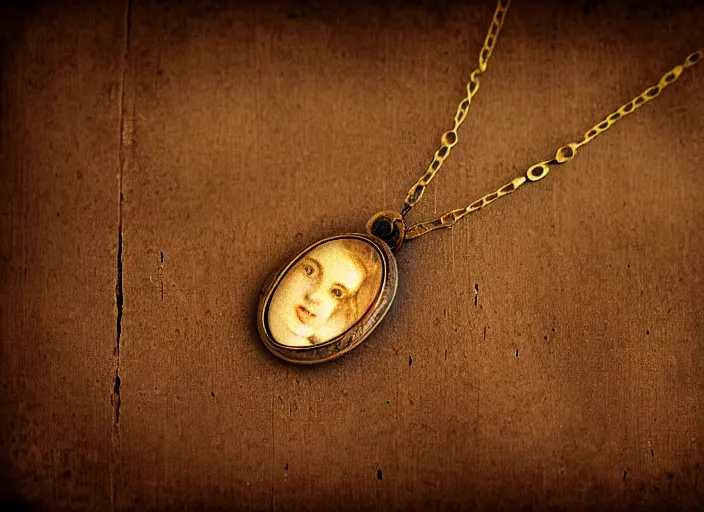 Prompt: old retro burnt out sepia photograph with scratches of a golden necklace with a hanging tiny slim open oval rusty golden locket pendant with a retro photo of an elegant and aesthetic woman royalty portrait. forest background with bokeh. Antique. High quality 8k. Intricate. Sony a7r iv 35mm. Award winning