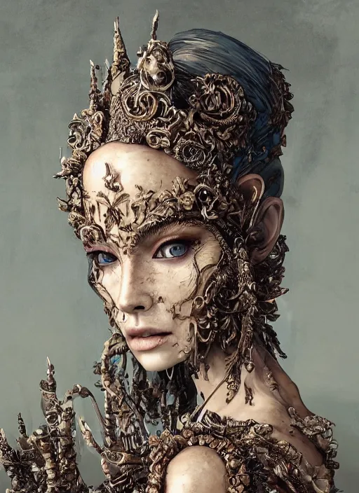 Prompt: sculpture made of wood, portrait, female, tree, future, shaman, harper's bazaar, vogue, magazine, insanely detailed and intricate, concept art, close up, ornate, luxury, elite, elegant, trending on artstation, by ruan jia, by Kenneth Willardt, by ross tran, by WLOP, by Andrei Riabovitchev,