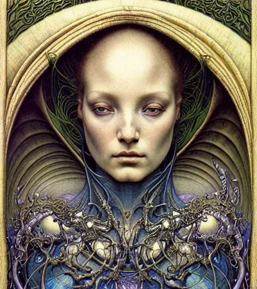 Image similar to detailed realistic beautiful young medieval alien queen face portrait by jean delville, gustave dore and marco mazzoni, art nouveau, symbolist, visionary, gothic, pre - raphaelite, iridescent fractal details. horizontal symmetry by zdzisław beksinski, iris van herpen, raymond swanland and alphonse mucha. highly detailed, hyper - real, beautiful