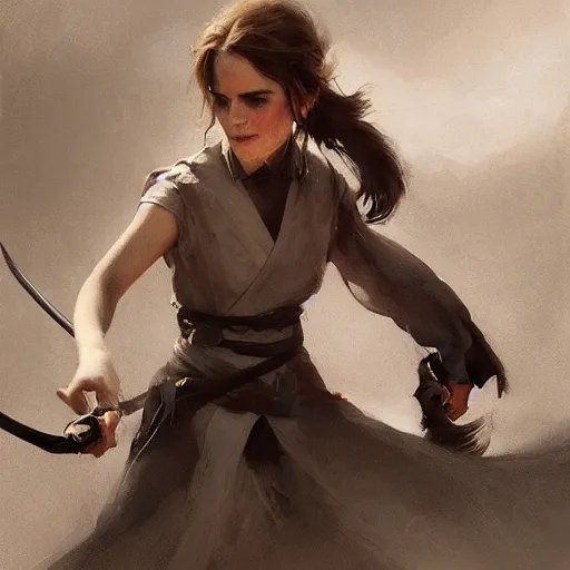 Image similar to portait of a emma watson swinging her katana, front game card, drark, marvel comics, dark, intricate, highly detailed, smooth, artstation, digital illustration by ruan jia and mandy jurgens and artgerm and wayne barlowe and greg rutkowski and zdislav beksinski