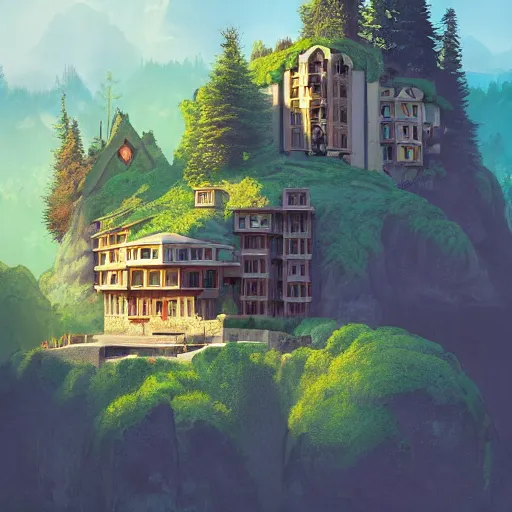 Image similar to a cozy mansion carved into a mountain side, big green trees, colorful clouds, dramatic lighting, artstation, matte painting, raphael lacoste, simon stalenhag, frank lloyd wright