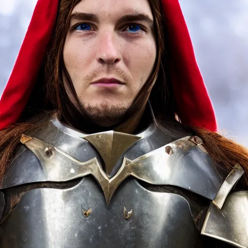 Image similar to a head and shoulders action portrait photo of an elf paladin