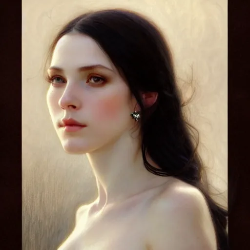 Prompt: Portrait of a beautiful, pale skin, female with long black hair, dark, piercing eyes, gentle expression, elegant clothing, photorealistic, highly detailed, artstation, smooth, sharp focus, art by Klimt, artgerm, Greg Rutkowski and Alphonse Mucha