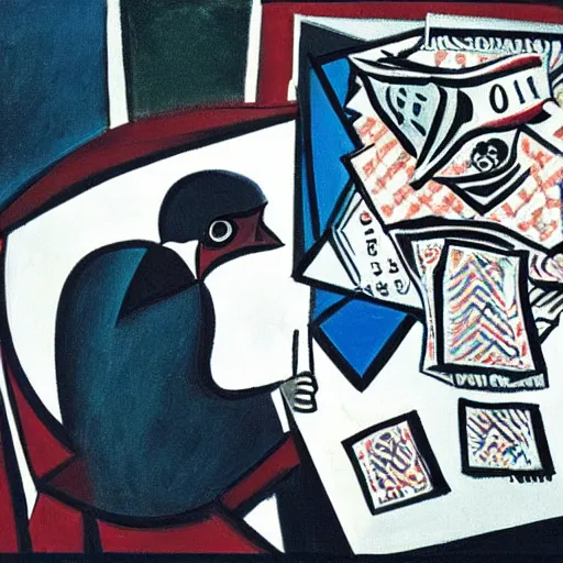 Prompt: Donald Trump counting money in his office by Pablo Picasso