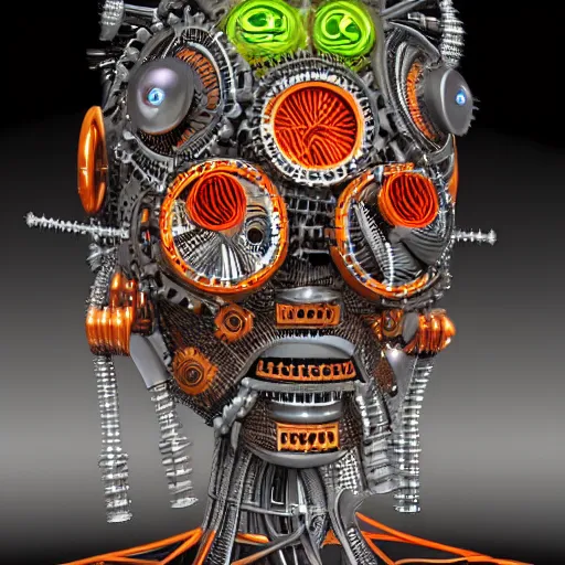 Image similar to a glossy claymodel of a steampunk aztec futuristic robot head, top of the head is made of gears and wires and multicolored glowing tubes, eyes are multicolored led screen, 8 k, front shot, symetrical, flourescent colors, halluzinogenic, multicolored, insanely detailed, 3 d render, octane