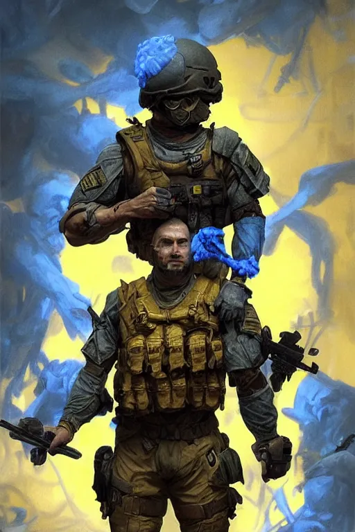 Image similar to special forces soldier with ukrainian blue yellow flag standing on a pile of skulls as a winner, masculine figure, d & d, fantasy, bright atmosphere, volumetric lights, intricate, elegant, extremely detailed, digital painting, artstation, concept art, matte, smooth, sharp focus, hyper realistic, illustration, art by artgerm and greg rutkowski and alphonse mucha