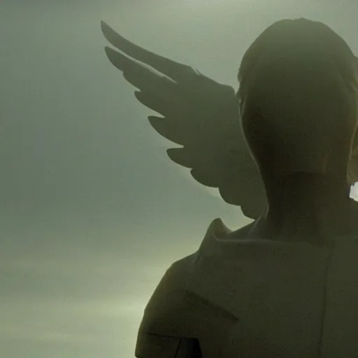 Image similar to an angel that lost its wings in war, foggy, sun rays, cinematic shot, photo still from movie by denis villeneuve, wayne barlowe