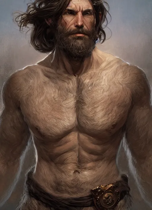 Prompt: portrait of a ruggedly old handsome cleric, soft hair, muscular body, half body, hairy, d & d, fantasy, intricate, elegant, highly detailed, digital painting, artstation, concept art, smooth, sharp focus, illustration, art by artgerm and greg rutkowski and alphonse mucha