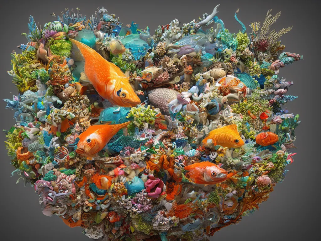 Image similar to a sculpture of fish ocean intertwined, a lovely cornucopia of flowers and human body parts, body parts, highly detailed, octane render, cinematic, shock, sharp focus, annular