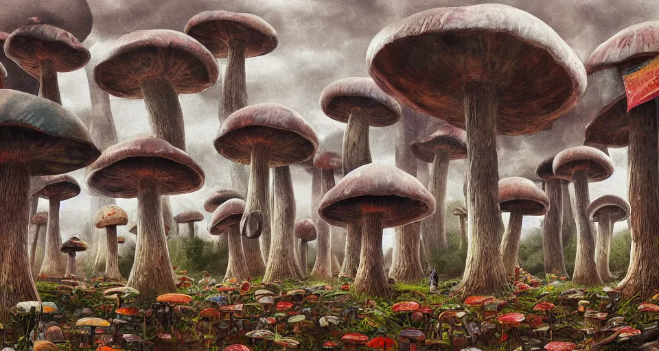 Prompt: A tribal village in a forest of giant mushrooms, by Sam Spratt