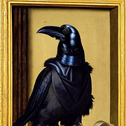 Prompt: a highly detailed painting of a raven dressed as an elegant tudor gentleman, in a richly appointed medieval room, by hans holbein