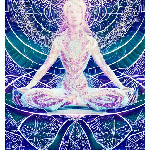 Prompt: glowing cracks, elven princess, meditating, peaceful, levitating, powerful, blossoming, lotus pose, zen, glowing, fractal background, ascending, detailed, realistic, digital art, fantasy, trending on artstation, cinematic, movie clip, visionary art, intricate pattern, subtle pattern, detailed texture, fractal texture, flowing, engraved texture, sacred geometry pattern, symmetry, perfect, perfect face, facial beauty, pretty, attractive, by peter morhbacher, dmt temple, godlike, pearlescent