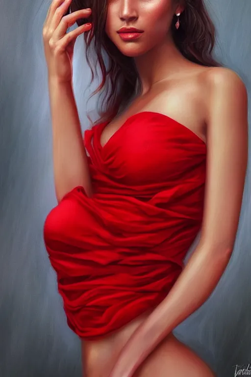 Prompt: a beautiful latina female photo, wearing red dresss.. professionally retouched, soft lighting, realistic, smooth face, perfect eyes, wide angle, sharp focus on eyes, 8 k high definition, insanely detailed, intricate, elegant, art by artgerm and wlop