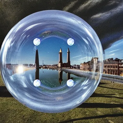 Prompt: all the most important monuments in europe in small bubbles floating in the space