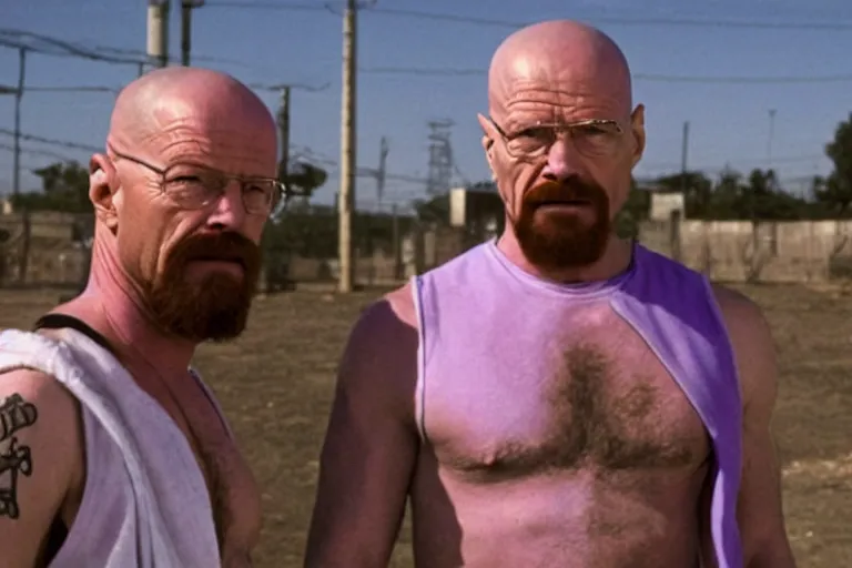 Image similar to medium full shot of walter white as a white gang member wearing a purple head covering made from a polyester material and a stained white tank top dealing crack in the prison yard in the new movie directed by ice cube, movie still frame, arms covered in gang tattoo, promotional image, critically condemned, top 1 5 worst movie ever imdb list, public condemned, relentlessly detailed