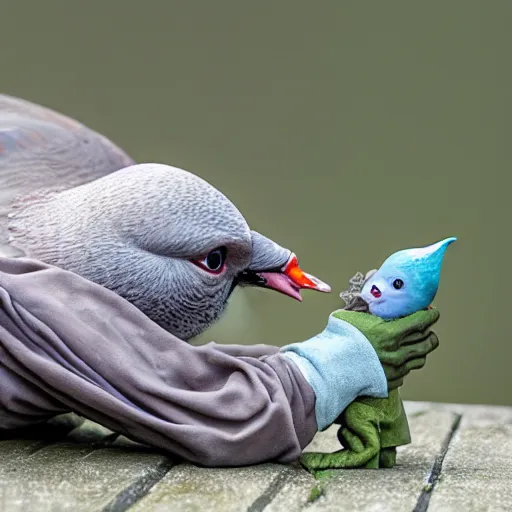 Image similar to yoda eating a pigeon