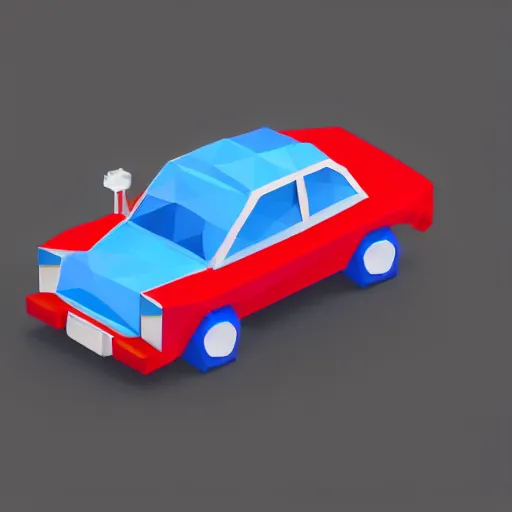 Prompt: beautiful and coherent low poly model of a red futuristic blue car in a white background isometric view