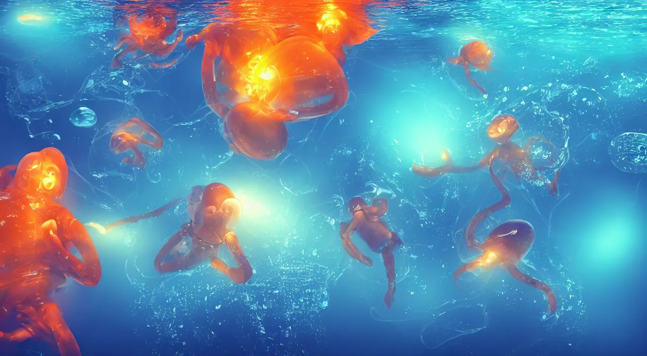 Image similar to three bio mechanical alien humanoid babies swimming underwater among glowing fish and jellyfish, 4 k post - processing highly detailed, 3 d render, modern photography