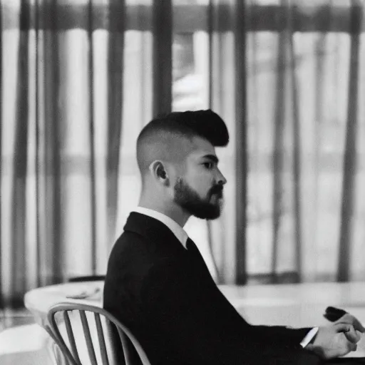 Image similar to A young man in a suit sits at a table , coat of arms of USSR with hammer and sickle in background, bokeh, cinestill, fine details