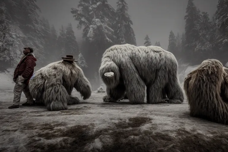 Image similar to photo of people gathering around a giant sleeping yeti, eerie atmosphere, fear, mystery, dramatic, 8 k uhd