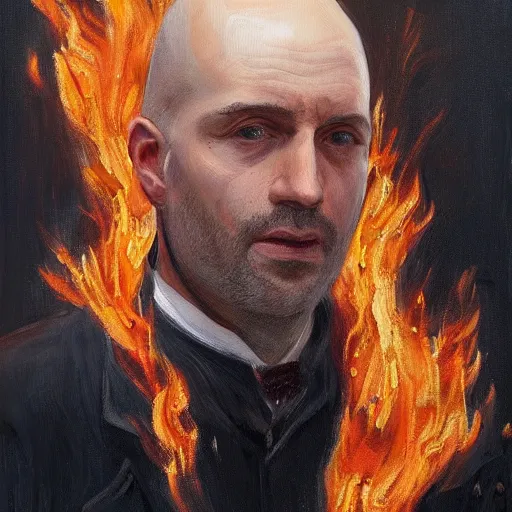 Prompt: an artstation trending portrait painting of a bald english man standing in front of a building on fire, fine painting