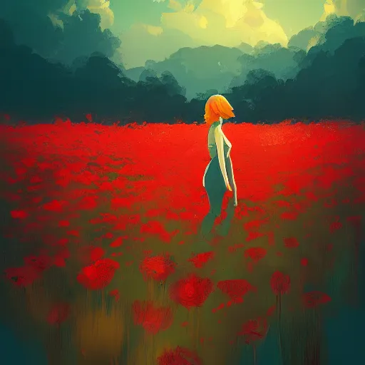 Prompt: red flower field, small white girl figure in the background, highly detailed, artstation, by Anton fadeev