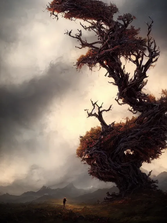 Prompt: photo of 8k ultra realistic lone dead tree on hill surrounded by swirling clouds and lighting, dark, menacing, full of colour, cinematic lighting, battered, trending on artstation, 4k, hyperrealistic, focused, extreme details,unreal engine 5, cinematic, masterpiece, art by Peter Mohrbacher