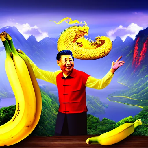 Image similar to Chinese president with bananas, battle with dragon, mountains background, fantasy art, 4k