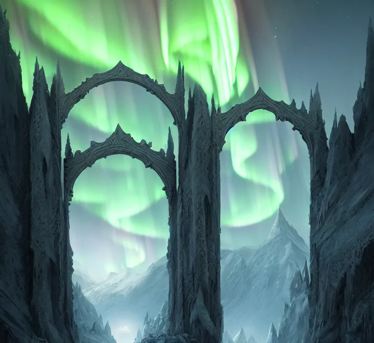 Prompt: a very detailed concept art of intricate and well designed white gates to misty mountains, infused with aurora borealis by greg rutkowski, dynamic lighting trending on artstation, symmetry, digital art, 4 k, hyper realistic, octane render, sharp focus