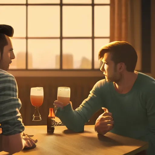 Image similar to cinematic scene with attractive male and another attractive male, shorts, drinking their hearts out, in the pub, high definition, very detailed, volumetric lighting, still frame