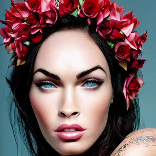 Image similar to “Megan Fox Red composed of flowers, ultra detailed portrait, 4k resolution”