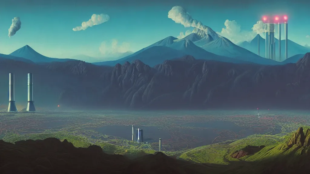 Image similar to Nuclear Reactors integrated with the nature, mountains and city of Quito; by Simon Stålenhag, oil on canvas; Art Direction by James Cameron; 4K, 8K; Ultra-Realistic Depth Shading