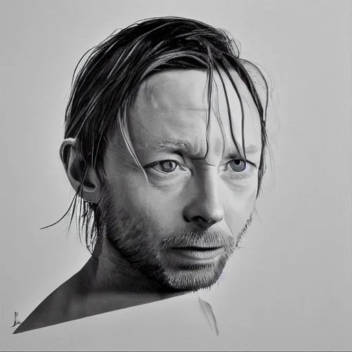 Image similar to prints of random thom yorke versions on a table, hyper realistic, many very random variations of thom yorke, various emotions, various poses, high quality photographs, mixed styles, intricate details, diverse