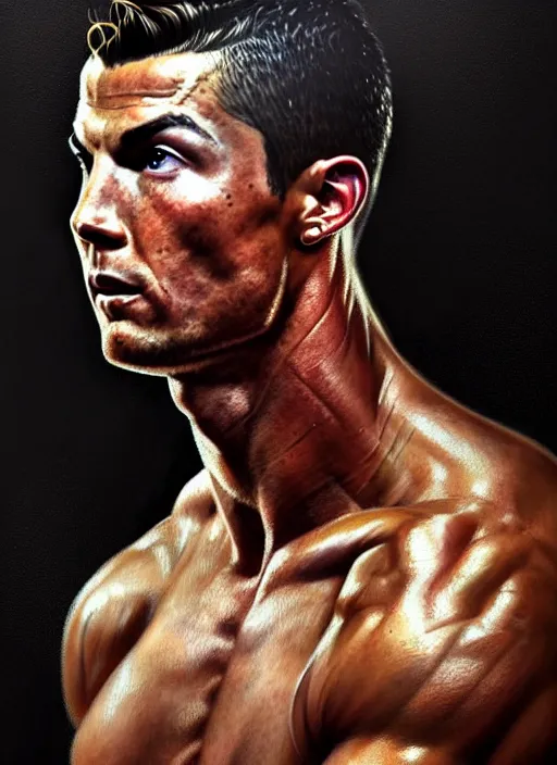 Image similar to portrait of cristiano ronaldo, d & d, muscular!, black, fantasy, intricate, elegant, highly detailed, digital painting, artstation, concept art, smooth, sharp focus, illustration, art by artgerm and greg rutkowski and alphonse mucha