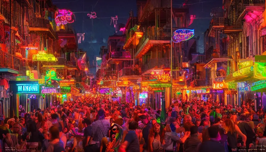 Prompt: crowded neo - gothic bourbon street with color lights, neons, fanfare, hyperdetailed, artstation, cgsociety, 8 k