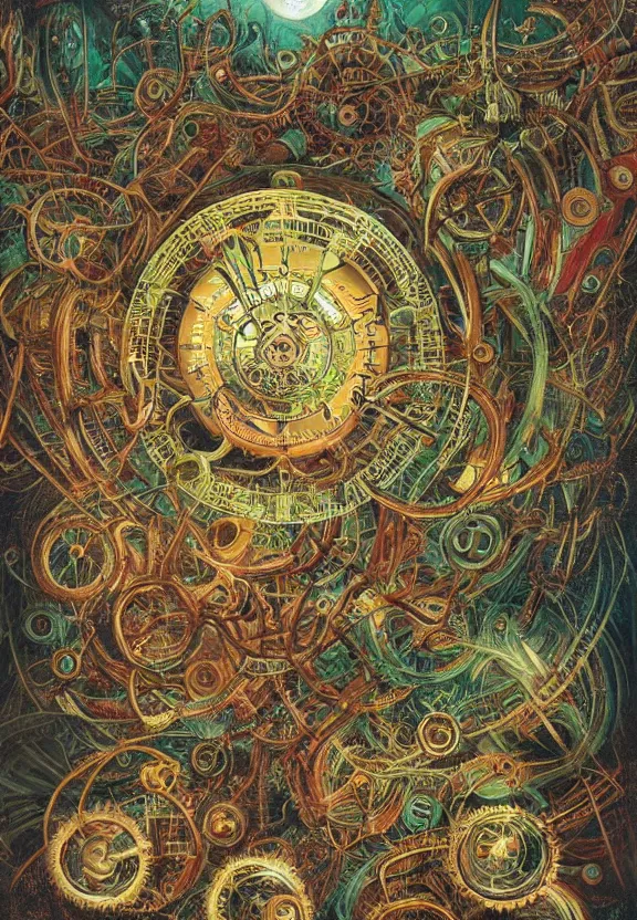 Image similar to simplicity, elegant, muscular eldritch clockwork, machinery, industry, radiating, colorful mandala, psychedelic, overgrown garden environment, by ryan stegman and hr giger and esao andrews and maria sibylla merian eugene delacroix, gustave dore, thomas moran, pop art, street art, graffiti, saturated