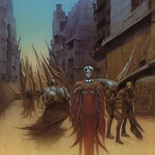 Image similar to portrait of masked Dune Dynasty on the art deco streets of the Undying Empire city of ya-Sattra during the Festival of Masks, award-winning realistic sci-fi concept art by Beksinski, Bruegel, Greg Rutkowski, Alphonse Mucha, and Yoshitaka Amano