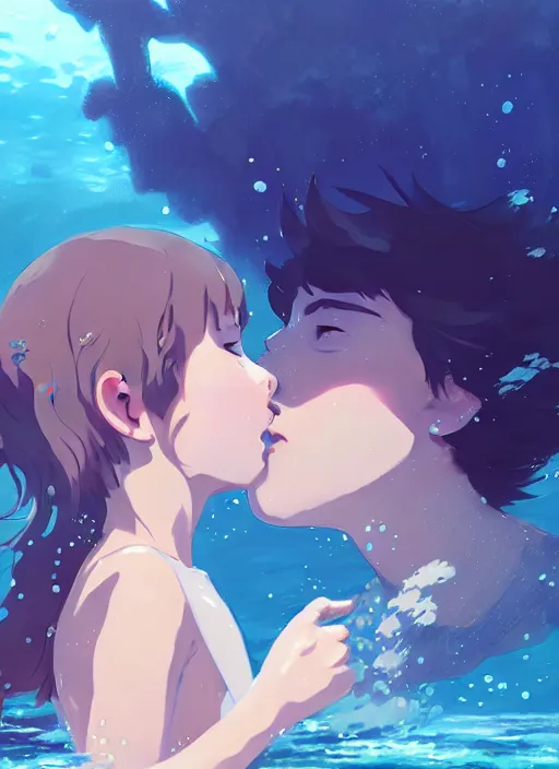 Prompt: boy and girl kiss underwater. illustration concept art anime key visual trending pixiv fanbox by wlop and greg rutkowski and makoto shinkai and studio ghibli